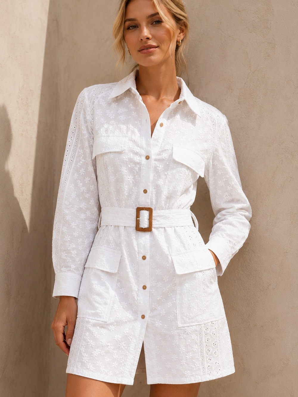 Zara White Eyelet Trench Shirt Dress with Belt